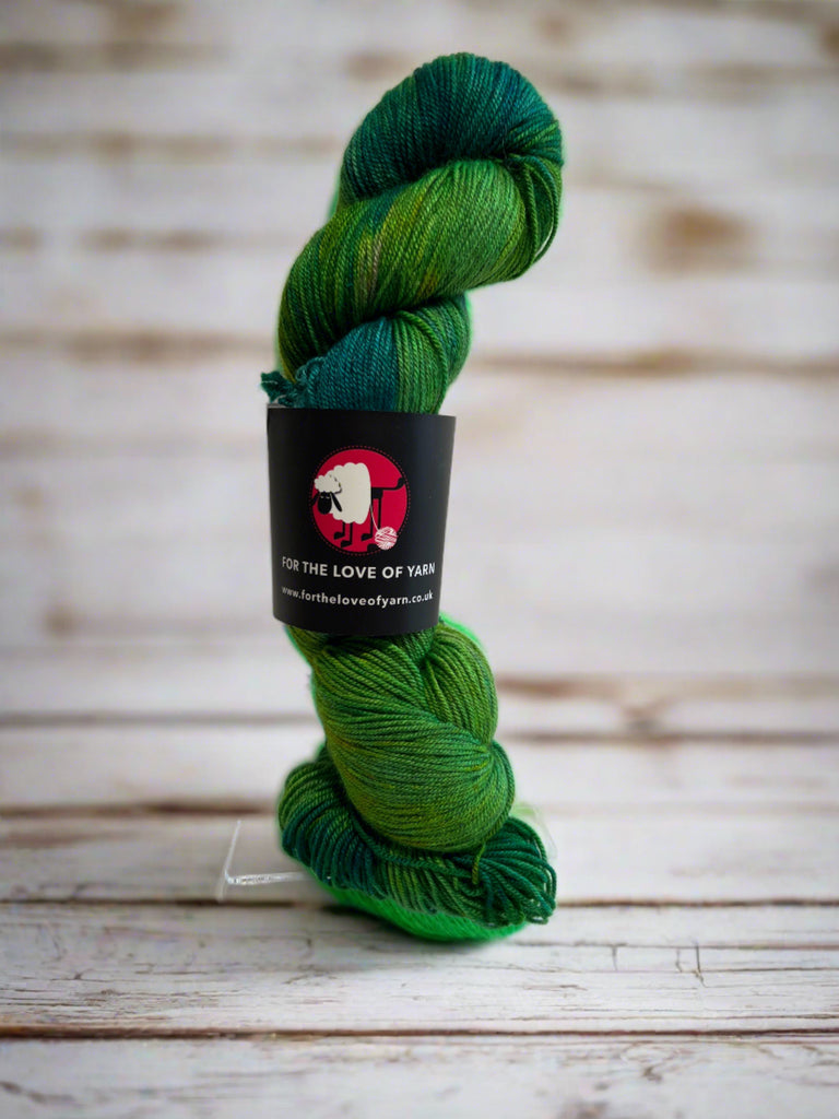 A Skein of yarn in Pure Dead Brilliant, shades of green
