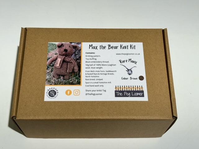 image shows a knitting kit of a teddy bear in a box with an image of a teddy bear made of rare manx loathan yarn