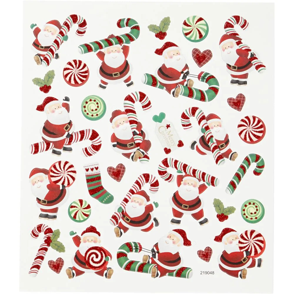 page of stickers with father christmas and candy canes in Red, gold colours